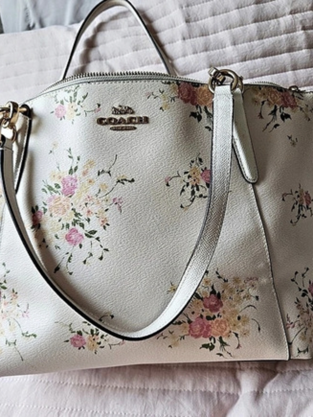 Coach Ava Tote With Floral Bundle Print Floral Tote in White & Pink
